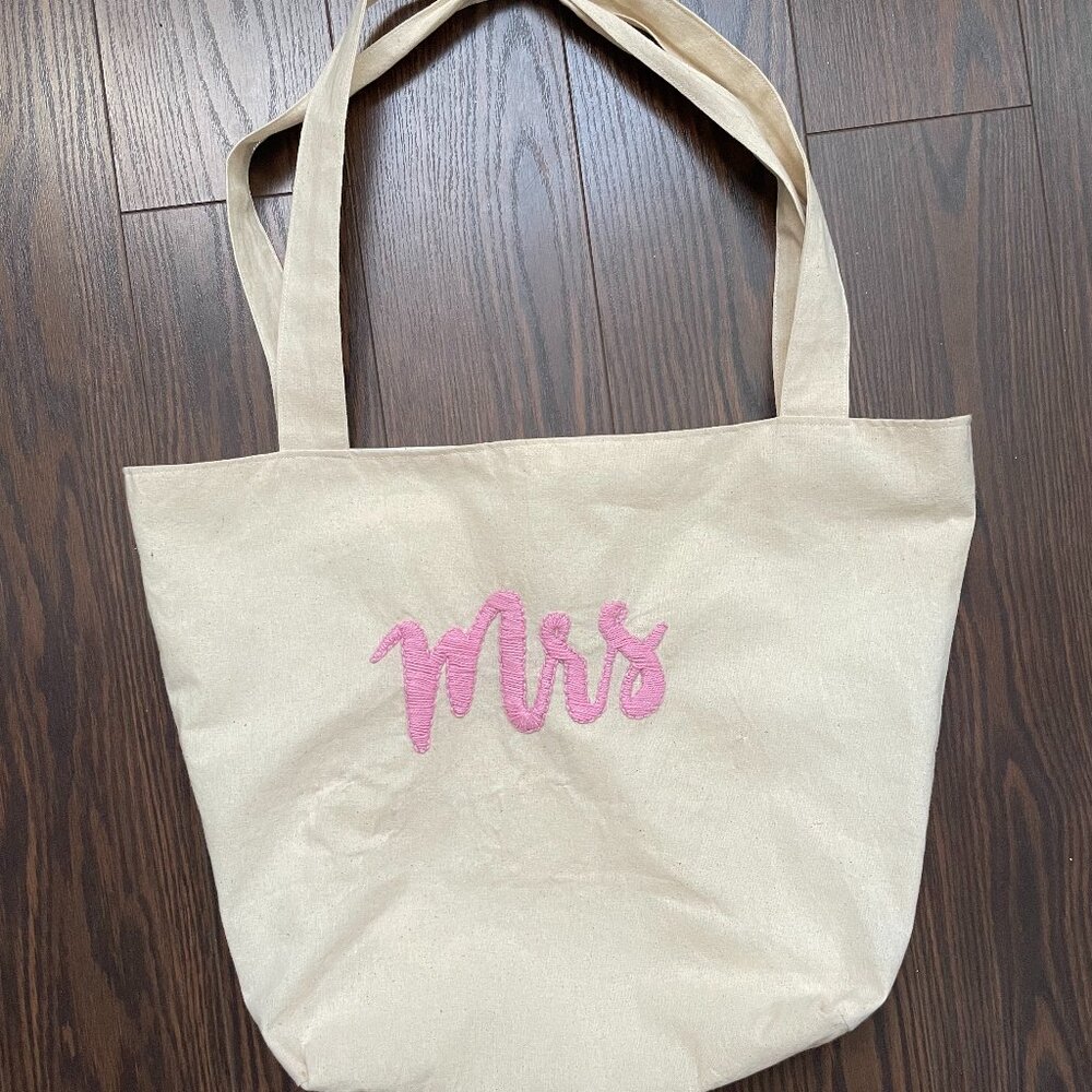 Hand Embroidered Cotton “Mrs.” Bridal / Wedding Tote Bag – Lined, Made in Canada